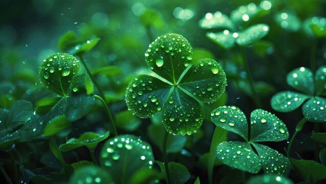 Shamrock water scene with four-leaf clover and green background