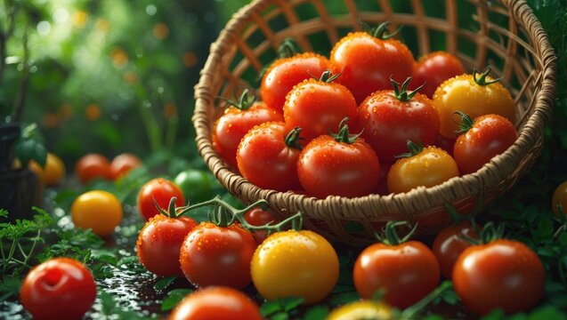 Vine-Ripened, Assorted Fresh Home-Grown Tomatoes Displayed in a Basket and on a Table in a Backyard with Tomato Plants in the Background - Powered by Adobe