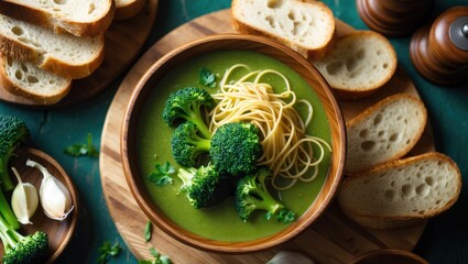 Creamy broccoli soup served in a bowl on a white wooden table, flat lay. Space for text.