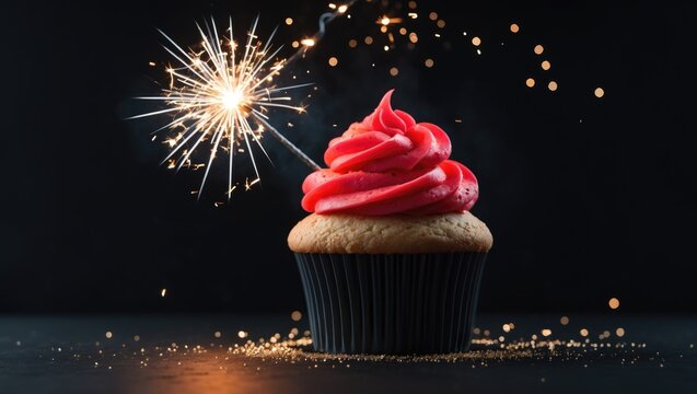 Delicious cupcake with sparkler on the table set against a black background.