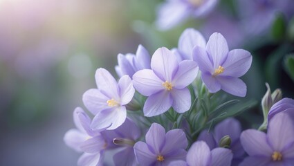 Obraz premium Delicate purple flowers with yellow centers blossom in a lively garden, embodying the spirit of spring and natural beauty.