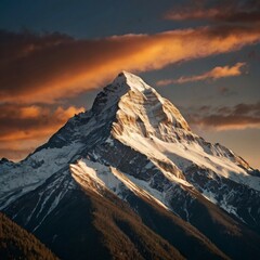 A majestic mountain range bathed in the warm light of late afternoon, showcasing rugged peaks, sun-drenched slopes, and lingering snow patches, with a lush green forest in the foreground. The clear sk