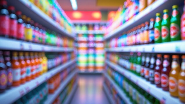 Blurred supermarket shelves displaying alcohol products with defocused background and bokeh effects. Defocused image. - Powered by Adobe