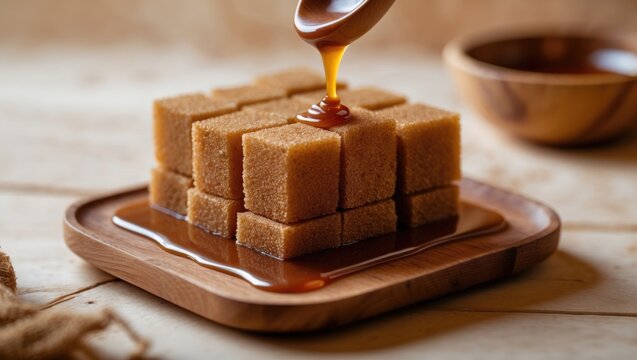 Delectable Japanese Confection Called Warabimochi, Topped with Kuromitsu syrup being poured over it