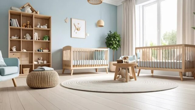 Scandinavian-style nursery interior featuring wooden cribs, light blue walls, toys, and natural light from a large window.