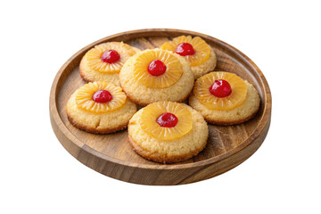 Pineapple upside-down sugar cookies on a wooden plate isolated on a transparent background png