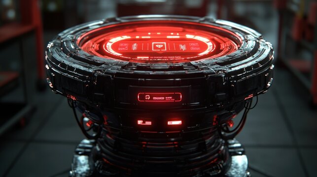 Circular, futuristic device with glowing red interface