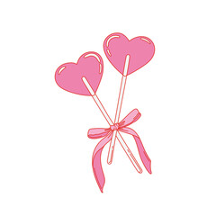 Two heart shaped pink lollipops candy with bow. Lollipop on a stick on white background. Valentines day illustration. Vector for celebration Valentine Day, wedding, party, birthday, anniversary etc.
