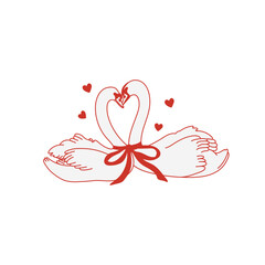 Coquette couple of swans in love. Two elegant swans forming heart shape with red bow. Whimsical love vector illustration for celebration Valentine Day, wedding, party, anniversary etc. © CoCoArt_Ua