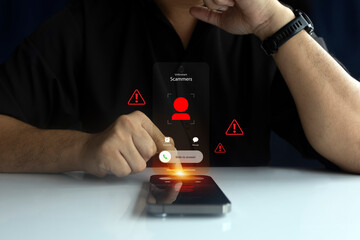 Man receiving scam call with cyber threat alert icons on smartphone screen in office environment