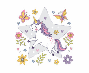 Unicorn in star and flowers or Beautiful butterfly t-shirt graphic design vector illustration .
