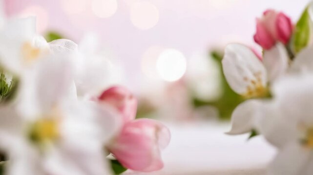 Close up on blossoms and buds in springtime against soft focus pink bokeh background
