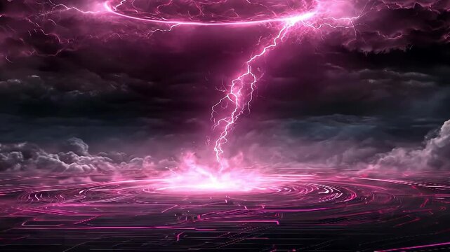 Red lightning striking digital sci-fi storm landscape

