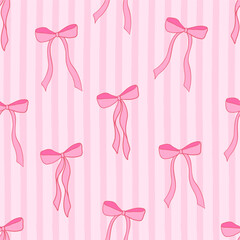 Seamless pattern with coquette pink bow knot on striped pink background. Trendy hair braiding accessory. Editable vector illustration for wrapping paper, packaging, fabric, room decor, phone case etc.