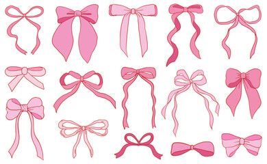 Set of coquette pink bow knots, gift ribbons. Trendy hair braiding accessories. Bow knots for gift wrapping, party decoration, present. Vector illustration.
