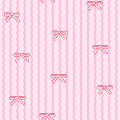 Seamless pattern with coquette pink bow knot on wavy striped background. Trendy hair braiding accessory. Editable vector illustration for wrapping paper, packaging, fabric, room decor, phone case etc.