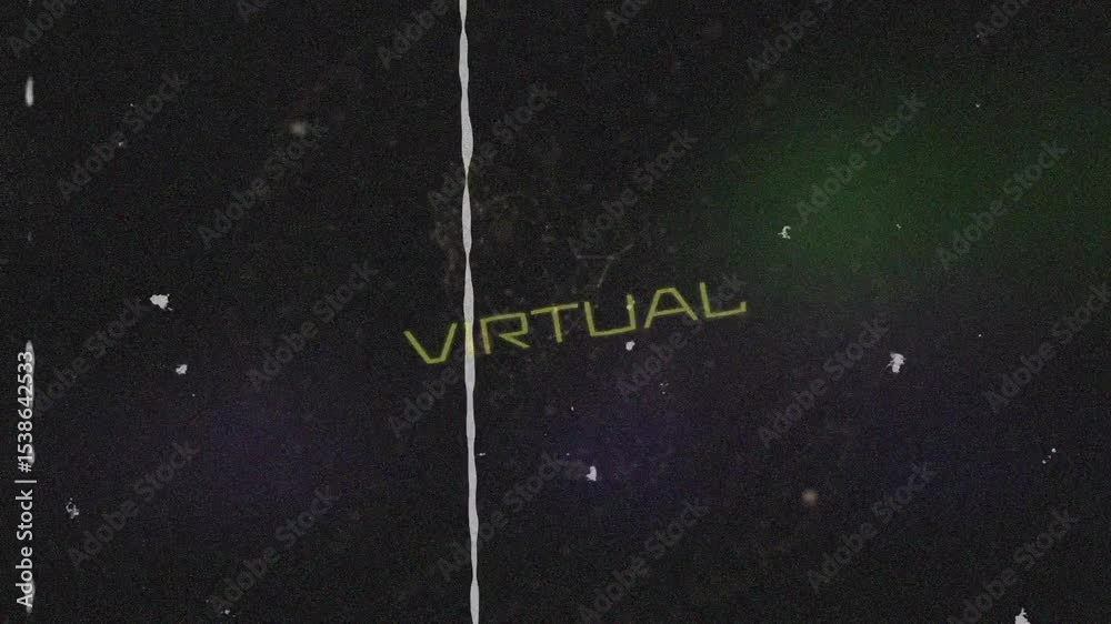 Poster drifting nodes forming neon virtual letters over dark void with squares, glitch line splitting bits