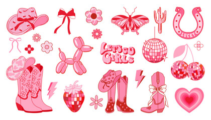 Collection of retro cowboy fashion elements. Cowgirl boots, disco ball, cherry, disco strawberry, hat, horseshoe, butterfly and lettering. Cowboy western and wild west theme. Hand drawn vector.