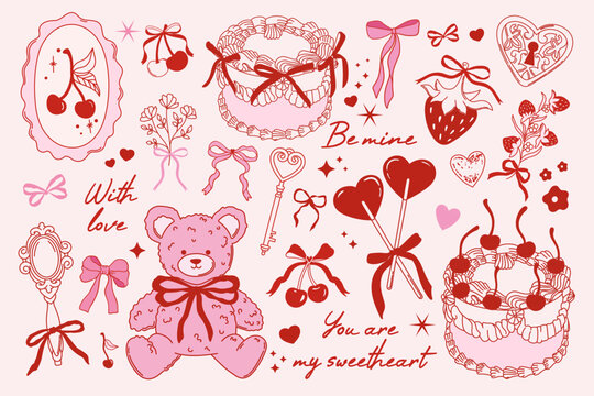 Valentine’s Day collection of romantic elements. Red and pink coquette vintage illustration. Vector of teddy bear, cake, cherry, strawberry, bows etc. Design for posters, cards, invitation etc.