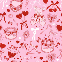 Seamless pattern with teddy bear, cherries, strawberry, cake and coquette bows, hearts on pink background. Valentine date. Vector for wrapping paper, packaging, fabric, room decor, phone case etc.