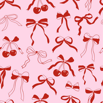 Seamless abstract pattern with cherries and coquette bows on pink background. Editable vector illustration for wrapping paper, packaging, fabric, room decor, phone case etc.