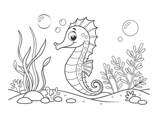 Fototapeta premium Seahorse. Underwater world. Black and white illustration for coloring book