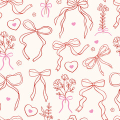 Seamless pattern with linear bow knots, ribbons and flower bouquets. Hair braiding accessory. Editable girly vector illustration for wrapping paper, packaging, fabric, wallpaper, phone case etc.