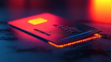 Close-up of a credit card, bathed in vibrant red and blue light, resting on a dark surface
