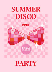 Retro party print with bow disco balls. Vintage, preppy wall art with disco mirror ball. Slogan summer disco party. Vector illustration for t shirt print, postcard, poster, phone case etc.