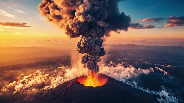 Orange lava erupts from volcano crater with large ash cloud rising at sunset