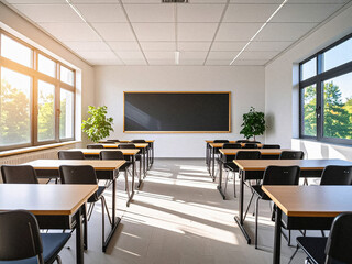Fototapeta premium A clean classroom scene with chalkboard and natural lighting. Ideal for academic content, future of education, and modern school themes.