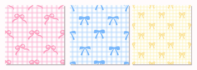 Set of seamless patterns with bow knots on checkered background. Geometric pastel color checkered design backdrop with bows. Vector for wrapping paper, packaging, fabric, wallpaper, phone case etc.