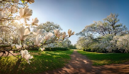 a serene scene of magnolia trees in full bloom during spring with large white flowers scattered among glossy green leaves the sunlight filters through the branches casting soft dappled light on