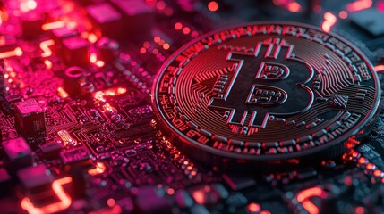 Close-up of a physical Bitcoin coin resting on a glowing circuit board.  Red and pink lights illuminate the intricate electronic components