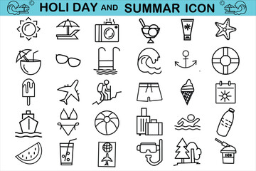 Summer icon set. Summer vacation icons for web and mobile icon. Travel, summer holidays, beach, tourism, relax, passport, vector illustration.