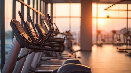 Modern gym equipment in a large room with panoramic windows, bathed in the warm glow of sunset