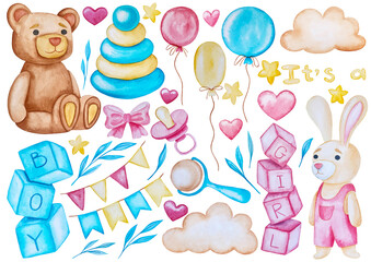 Watercolor baby shower illustrations set with teddy bear and baloons for child party greeting cards, kids birthday invitations, website and packaging.