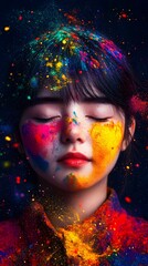 Obraz premium Colorful powder portrait, woman, studio, serenity, festival