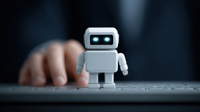 Digital Assistant: A futuristic digital assistant is poised on a keyboard. Capturing technological advancement and the convergence of human interaction with artificial intelligence.