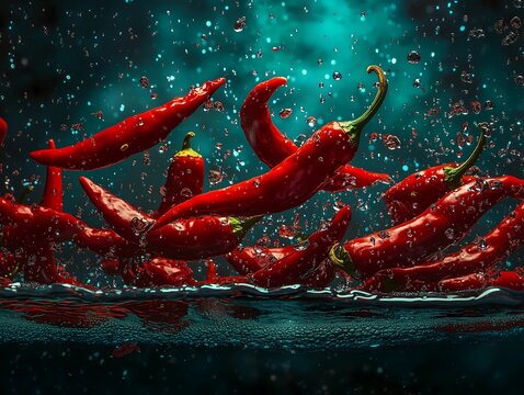 Red Chili Peppers Splashing Underwater in High Detail