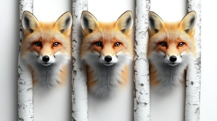Obraz premium Triple Fox Portrait Behind Birch Trees