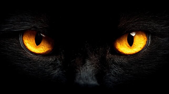 Close-up of a black cat showing intense amber eyes glowing in the dark with sharp focus.