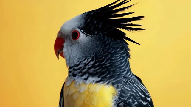 Colorful parrot perched against a bright yellow background showcasing its vibrant plumage and unique features in a serene setting