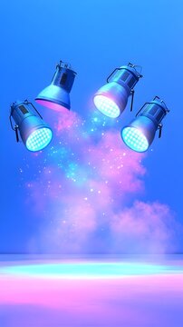 Floating LED lights, studio, blue backdrop, product display