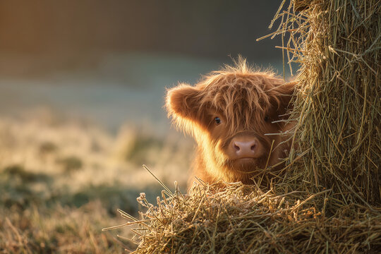 Highland cattle calf peeking from haystack in soft morning light with warm tones and misty blurred background in natural rural setting.