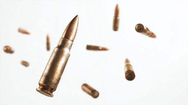 Falling bullets close-up with sharp brass casings and pointed tips, isolated on white background, showing detailed metallic texture and realistic shape.
