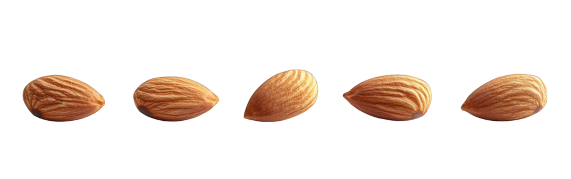 Five almonds lined up on black