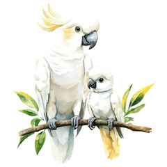 A Mother Cockatoo With Her Kid, watercolor vector, isolated on a white background. © AMIDCO