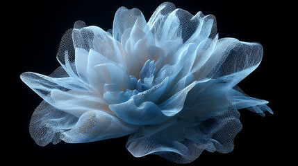  An ultra realistic close-up of a delicate pale blue mesh-like flower structure floating against a black backdrop with intricate translucent layers and fine net patterns