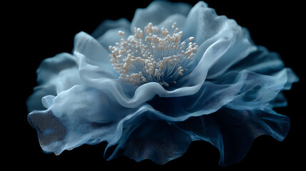  An ultra realistic close-up of a delicate pale blue mesh-like flower structure floating against a black backdrop with intricate translucent layers and fine net patterns